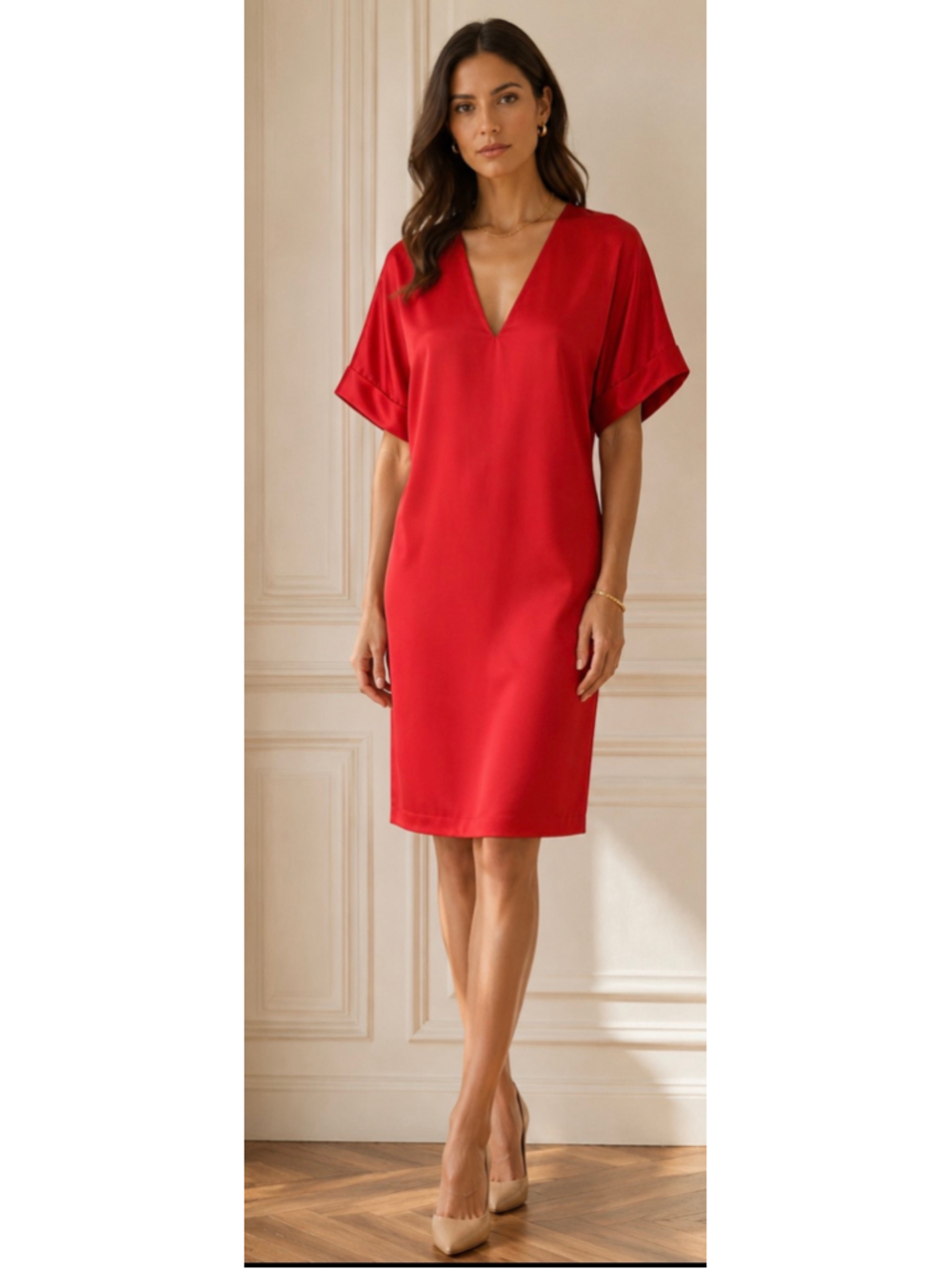 Fendi Pale Red Silk V-Neck Midi Dress, Size 38/S